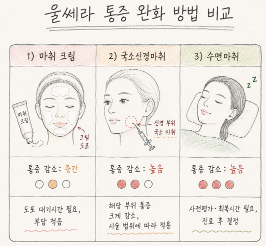 울쎄라 통증 조절을 위한 마취 크림·국소신경마취·수면마취 비교 그림