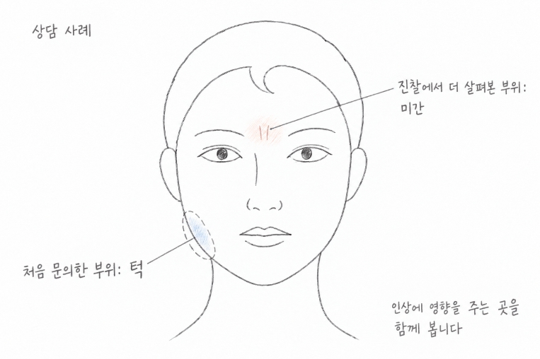 한 얼굴에 처음 문의한 턱 부위는 점선으로, 진찰에서 더 살펴본 미간은 옅은 코랄색으로 구분한 상담 사례 손그림