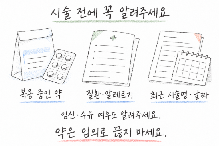 고민 듣기, 촬영 자료와 직접 진찰, 필요한 변화와 시점 논의를 화살표로 연결한 세 단계 상담 과정 그림.