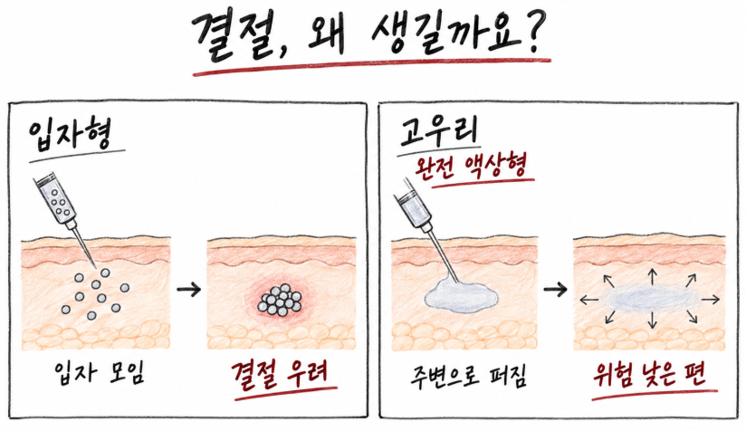 입자형 콜라겐 자극제는 입자가 한곳에 모일 수 있고, 고우리 액상형 제형은 주입 후 주변으로 퍼지는 차이를 설명한 그림