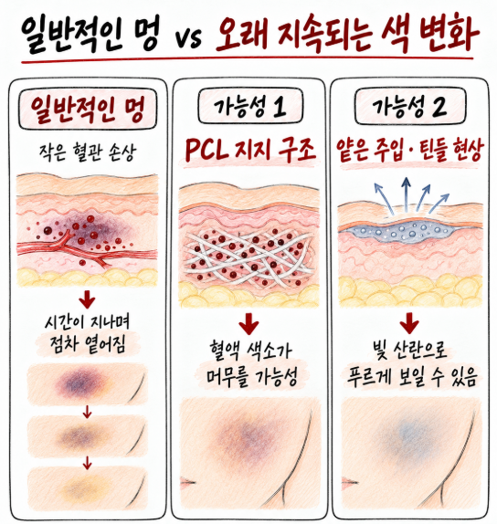 액상형 PCL 시술 후 일반적인 멍과 오래 지속되는 색 변화의 가능한 기전을 비교한 피부 단면 도식