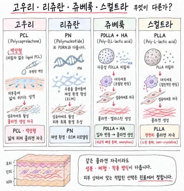 고우리 리쥬란 차이와 쥬베룩·스컬트라의 성분, 제형, 콜라겐 자극 방식을 비교한 그림