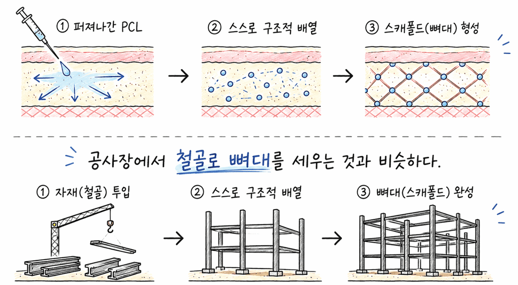 PCL의 스캐폴드 형성을 표현한 일러스트