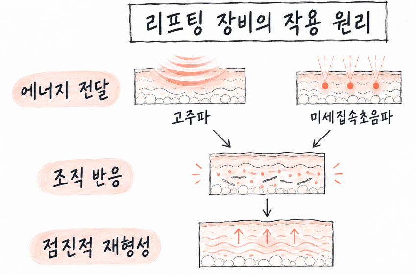 고주파와 미세집속초음파의 에너지 전달 방식과 이후 조직 반응을 설명한 피부 단면 개념도.