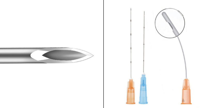 일반 주삿바늘(needle)과 캐뉼라(cannula) 의 비교를 보여주는 사진