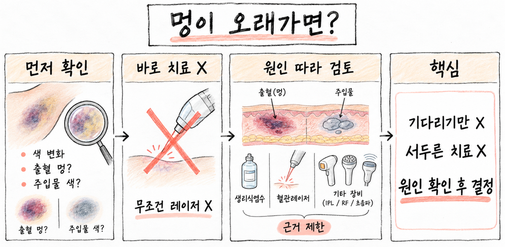 고우리 시술 후 멍이 오래 지속될 때의 진료 과정을 설명하는 의료 도식. 일반적인 출혈성 멍과 주입 물질에 의한 색 변화를 구분하고, 원인과 피부 상태에 따라 생리식염수 주입이나 혈관 레이저 등 치료 여부를 검토하는 과정을 나타냈다. 무조건 기다리거나 치료를 서두르기보다 원인 확인이 중요하다.
