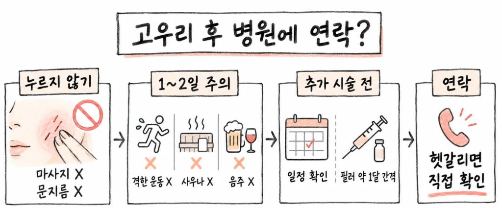 고우리 시술 후 주의사항을 설명하는 의료 안내 도식. 시술 부위 마사지와 압박을 피하고, 1~2일간 격한 운동·사우나·음주를 삼가며, 필러 등 추가 시술 전에는 의료진과 일정 및 시술 간격을 확인하도록 안내한다.