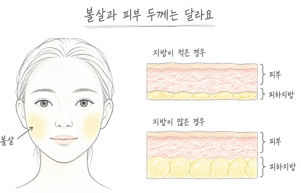 볼살을 표시한 여성 얼굴 옆에, 피부 두께는 같고 피하지방의 양만 다른 두 피부 단면을 비교한 연필 그림.