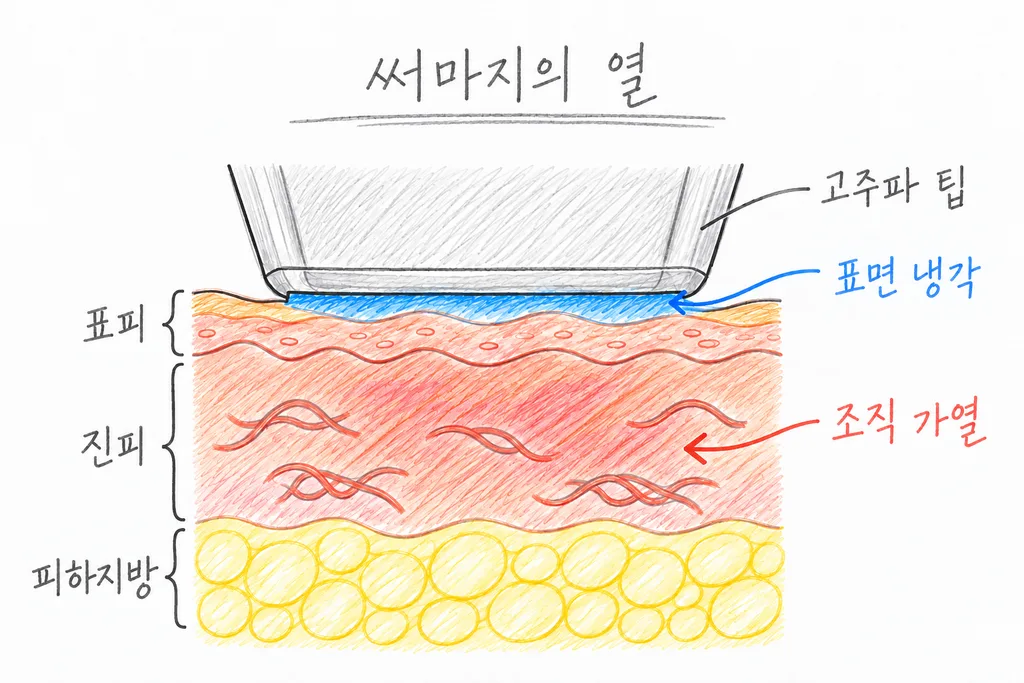 고주파 팁 아래 피부 단면에서 표면 냉각은 파란색, 조직 가열은 붉은색으로 구분한 연필 손그림.