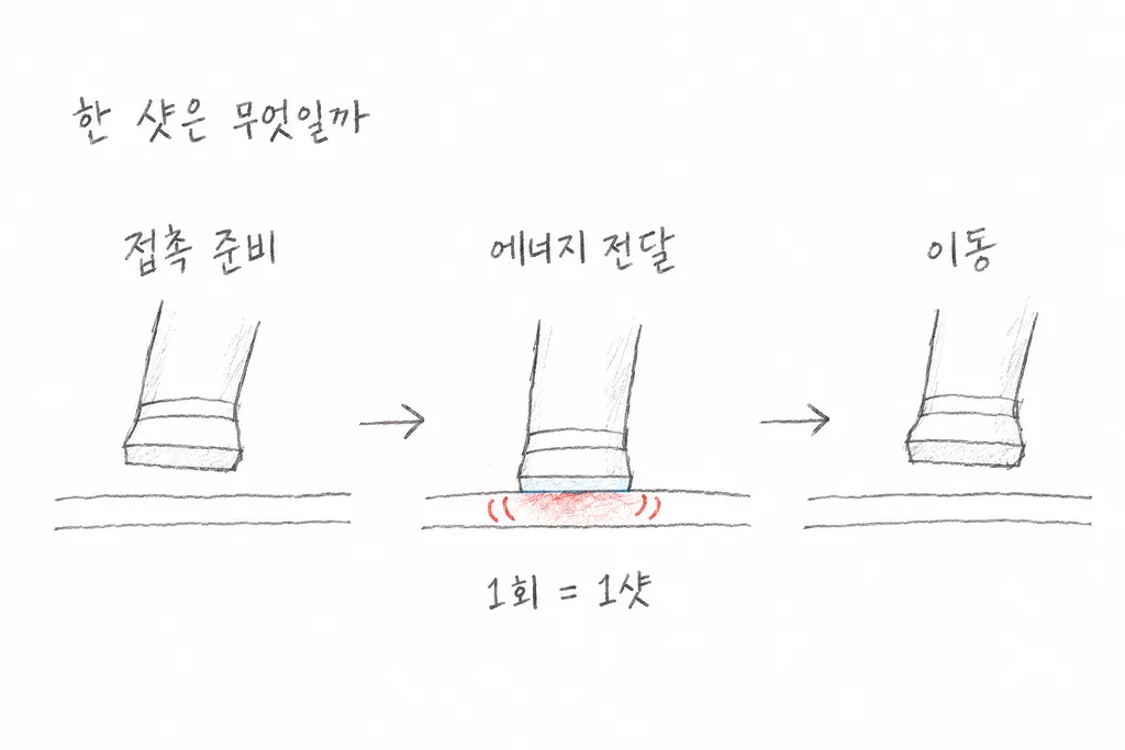 팁을 피부에 대기 전, 접촉해 에너지를 한 번 전달할 때, 팁을 옮길 때를 차례로 그린 연필 도식.