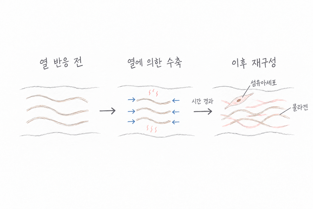 콜라겐이 써마지 열에 의해 수축하고 이후 재구성되는 과정을 보여주는 세 단계 도식.
