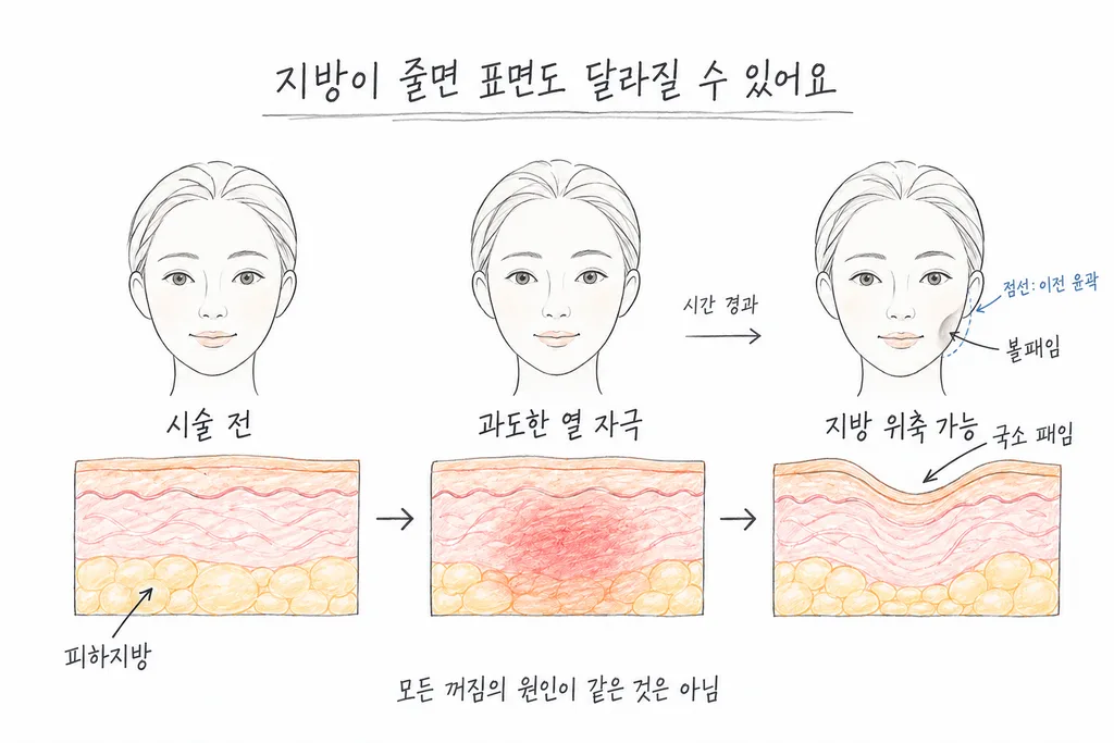 써마지 시술 전과 열 자극 단계의 얼굴, 시간이 지나 한쪽 아랫볼이 국소적으로 들어간 얼굴을 비교한 그림. 파란 점선은 이전 볼 윤곽이며, 아래 단면은 피하지방 감소와 표면 함몰을 보여 줍니다.
