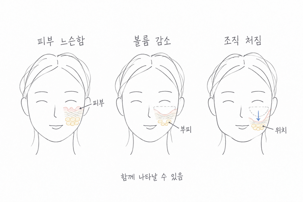 피부 느슨함, 볼륨 감소, 조직의 아래쪽 이동을 얼굴과 확대 도식으로 비교한 그림.