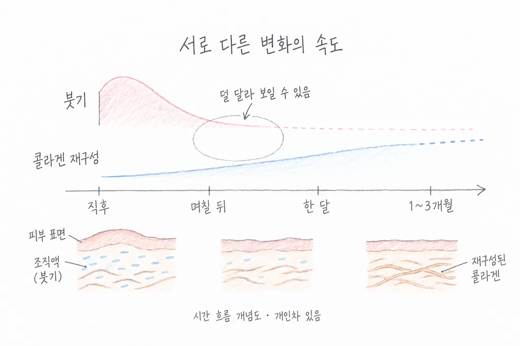 먼저 줄어드는 붓기와 천천히 진행되는 콜라겐 재구성을 비교한 시간 개념도.
