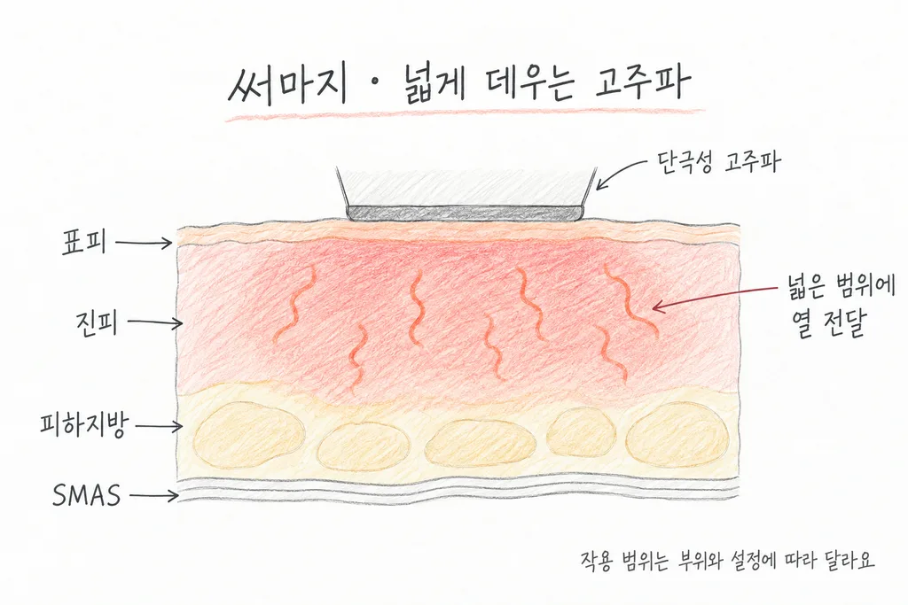 써마지의 접촉 팁 아래 진피와 피하지방 상부 쪽에 열이 넓게 전달되는 모습을 표피·진피·피하지방·SMAS 단면으로 표현한 그림