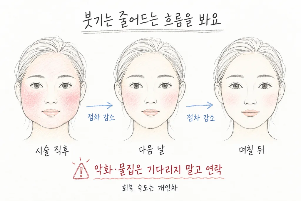 시술 직후, 다음 날, 며칠 뒤로 갈수록 옅어지는 붓기를 세 얼굴과 오른쪽 화살표로 표현한 그림. 악화나 물집은 기다리지 말고 연락하도록 안내한다.