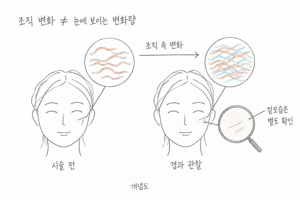 시술 전과 경과 관찰 시점을 비교해, 조직 속 콜라겐 섬유는 촘촘해져도 겉으로 보이는 변화는 따로 확인해야 함을 나타낸 개념도