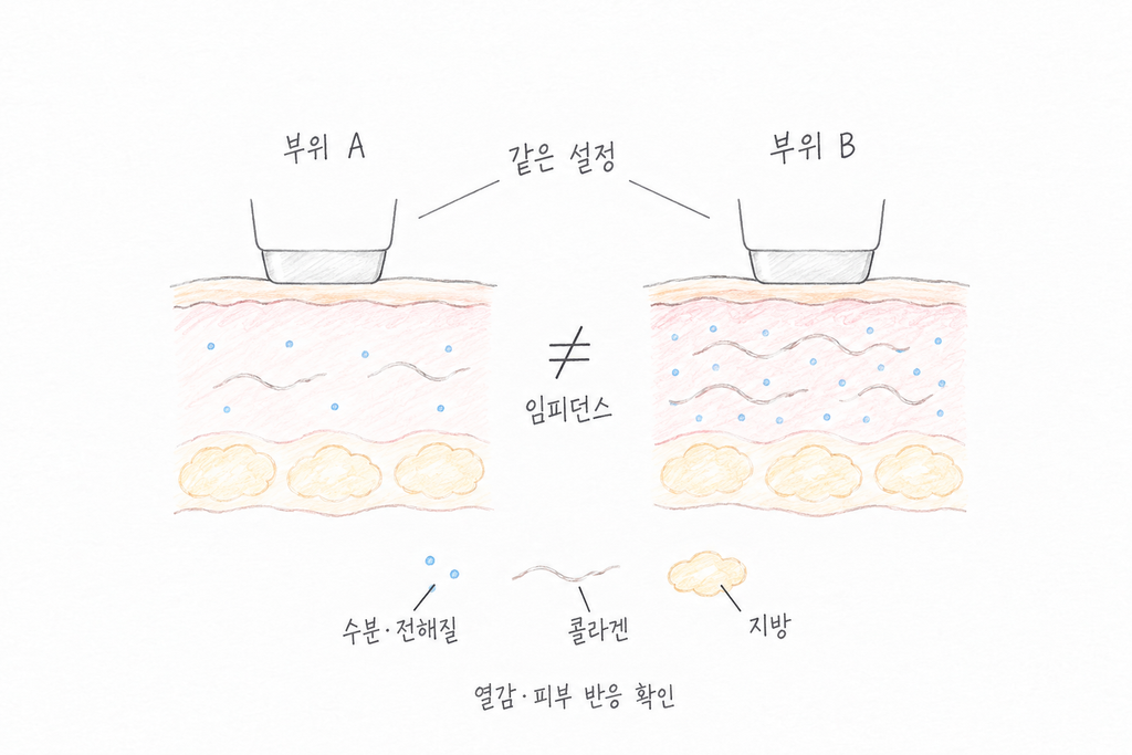 같은 설정 아래에서 조직 구성과 임피던스가 다른 두 피부 단면을 비교한 그림.