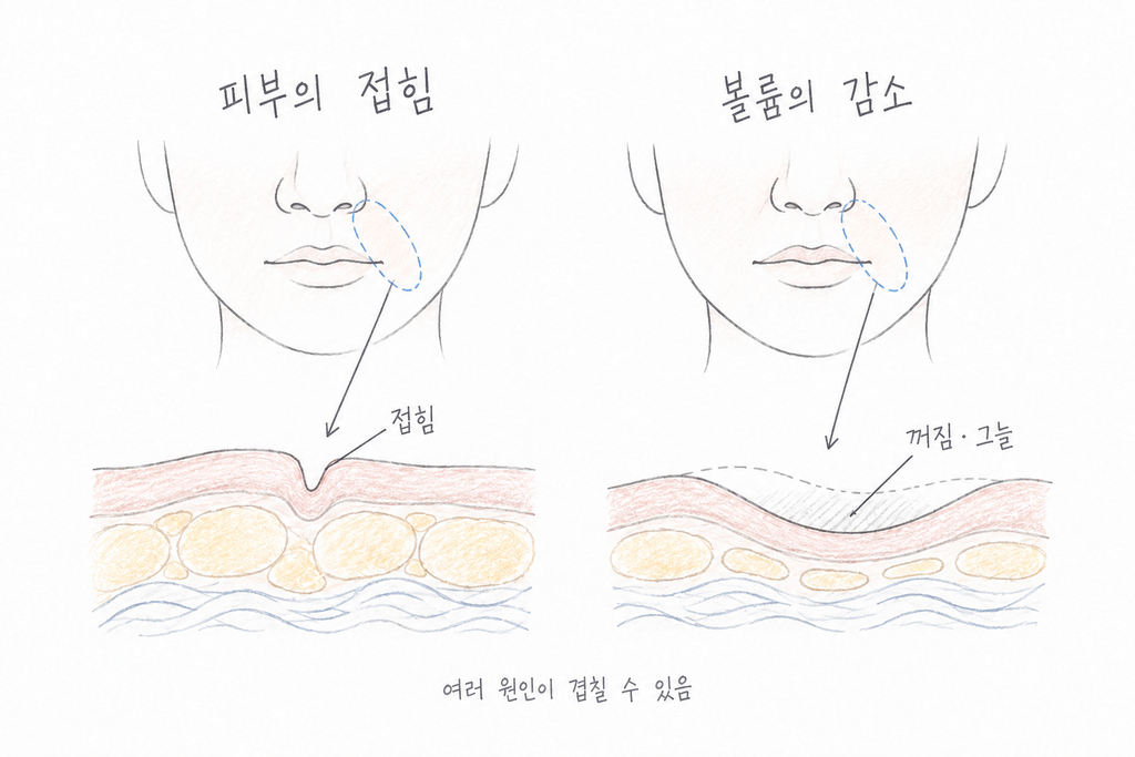팔자 부위의 국소적인 피부 접힘과 볼륨 감소에 따른 넓은 꺼짐을 비교한 단면도.