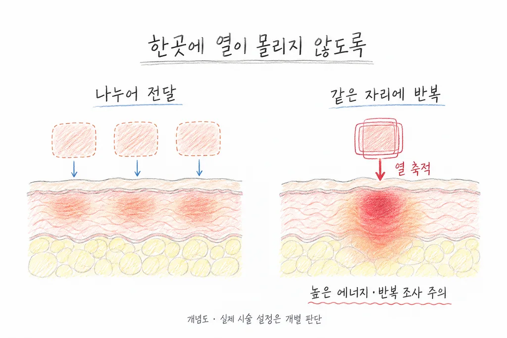 여러 위치에 나누어 전달된 열과 같은 자리에 반복되어 집중된 열을 피부 단면과 조사 위치 표시로 비교한 그림.