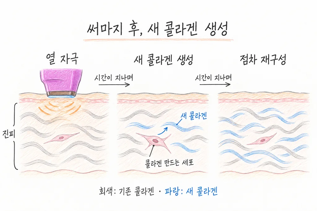 진피에 열 자극이 전달된 뒤 콜라겐을 만드는 세포 옆에 파란색 새 콜라겐이 생기고, 회색 기존 섬유 사이에 더해져 재구성되는 과정을 왼쪽에서 오른쪽으로 보여주는 그림.