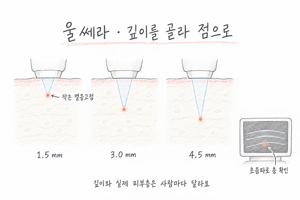 울쎄라 써마지 차이를 보여 주는 피부 단면 개념도. 써마지 고주파 열은 진피와 피하지방층에 넓게 퍼지고, 울쎄라 초음파는 1.5·3.0·4.5mm 깊이에 점으로 모입니다.