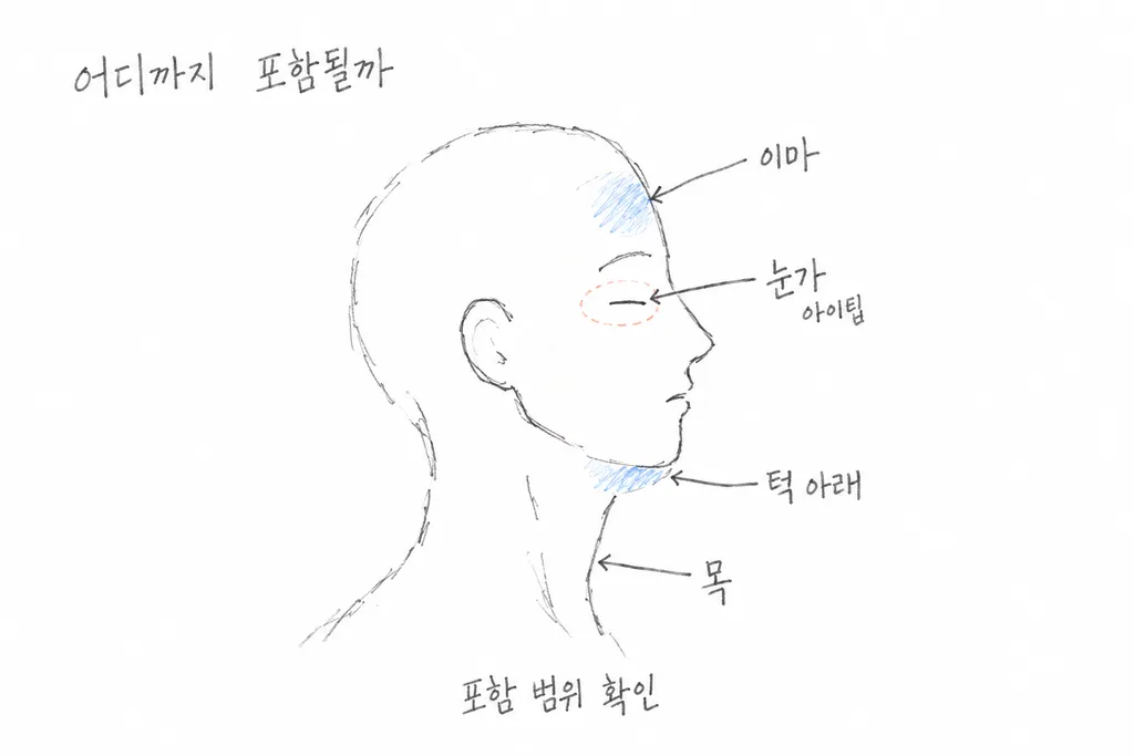 측면 얼굴에서 이마, 아이팁을 사용하는 눈가, 턱 아래, 목의 위치를 각각 화살표로 짚은 손그림
