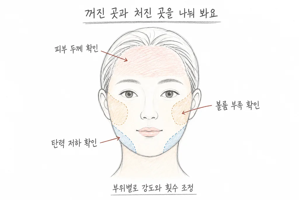 정면 얼굴의 이마, 옆볼, 턱선에 각각 피부 두께, 볼륨 부족, 탄력 저하를 확인하는 위치를 표시한 도해.