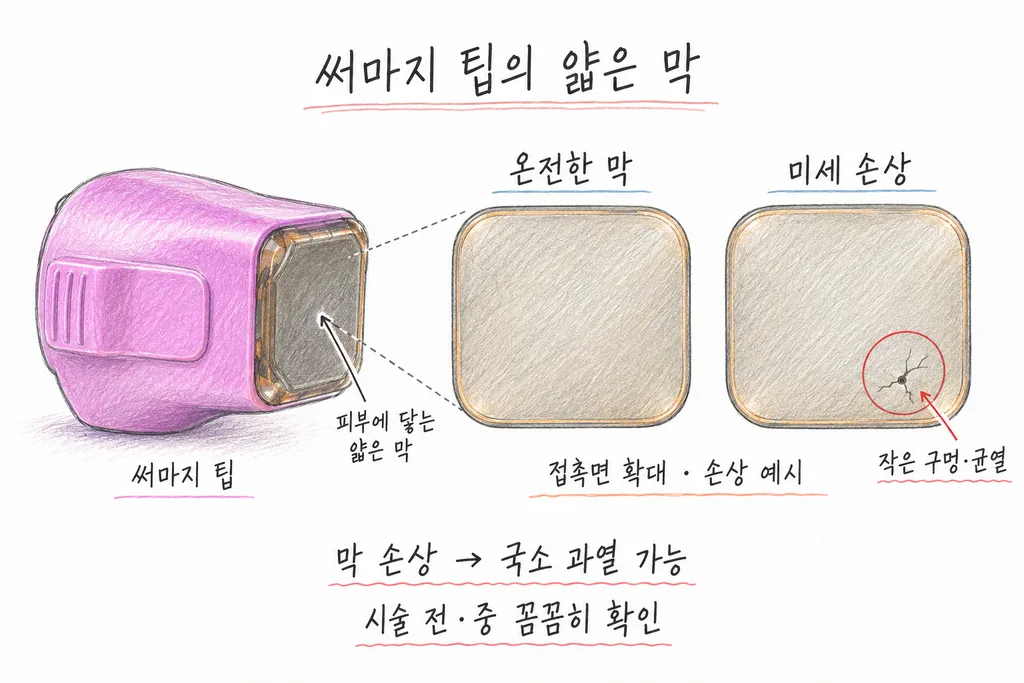 써마지 화상이 생기는 원인을 나타낸 팁 앞면 막 그림. 온전한 막과 손상된 막을 비교하고, 막이 손상되면 한 곳이 과열될 수 있어 시술 전과 시술 중에 막을 확인한다는 내용입니다.