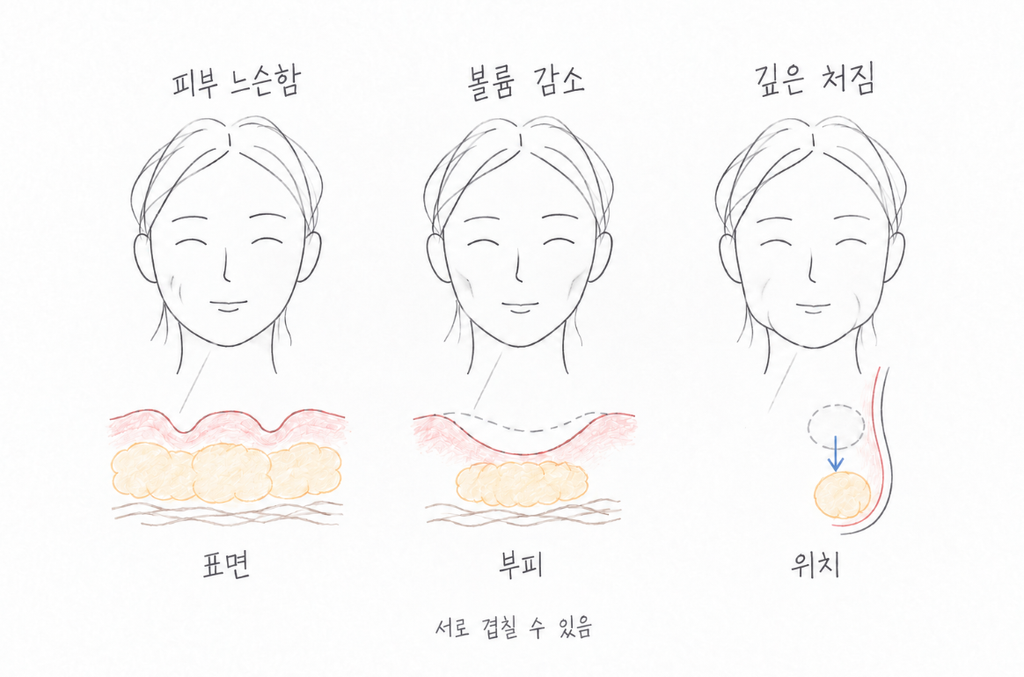 피부 느슨함, 볼륨 감소, 조직의 아래쪽 이동을 얼굴과 확대 도식으로 비교한 그림.