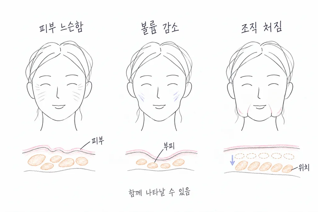 잔주름이 있는 얼굴, 옆볼이 꺼진 땅콩형 얼굴, 불독살과 마리오네트 주름이 있는 얼굴의 비교