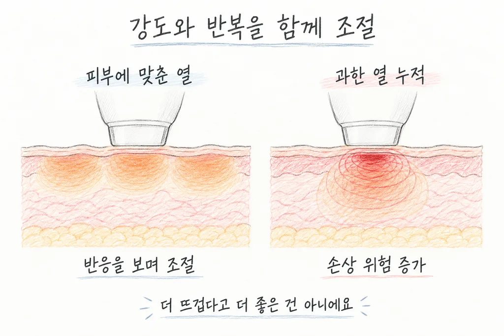피부에 맞춰 나누어 전달한 옅은 열과 한 부위에 과하게 누적된 붉은 열을 나란히 비교한 피부 단면 그림.