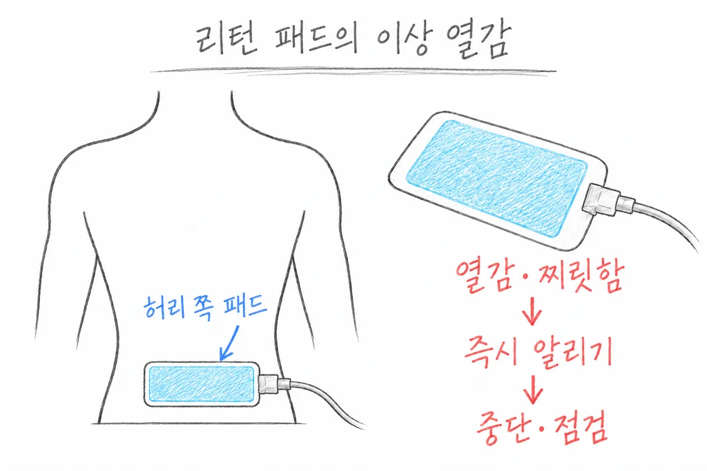 허리 쪽 리턴 패드를 단순한 상체 뒷면 윤곽에 표시하고, 열감·찌릿함이 생기면 즉시 알리기와 중단·점검으로 이어지는 그림.