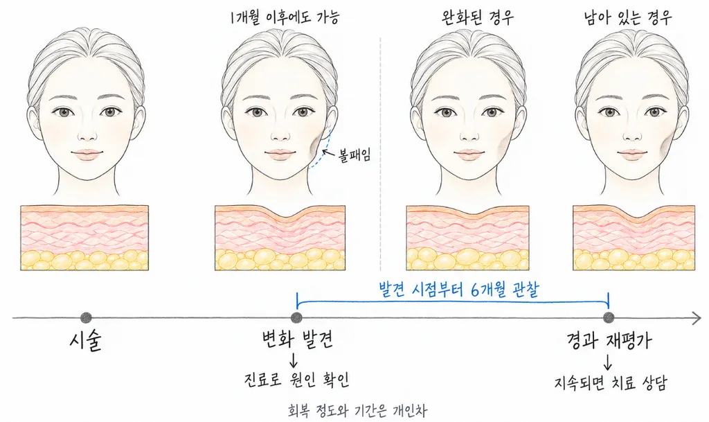 시술 뒤 변화 발견과 진료, 이후 경과 재평가를 연결하고, 발견 시점부터 6개월의 관찰 구간을 표시한 시간 흐름도.