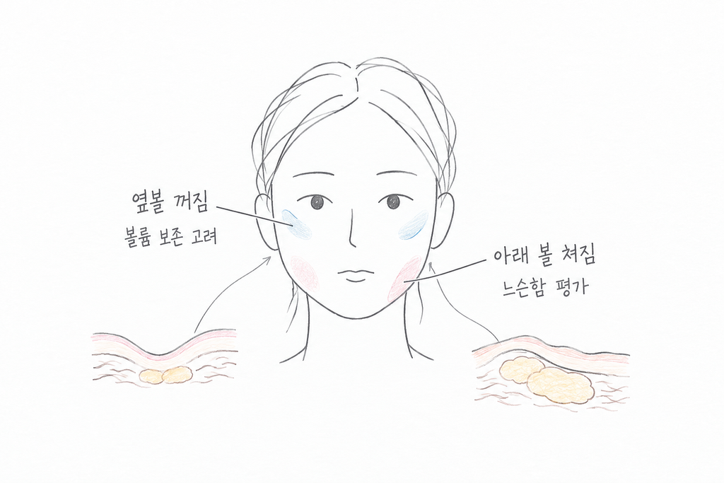 한 얼굴의 옆볼 꺼짐과 아래 볼 처짐을 각각의 확대 도식으로 연결한 그림.