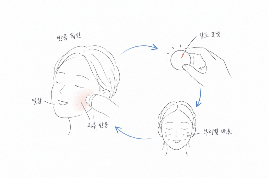 열감과 피부 반응을 확인하고 강도·부위별 배분에 반영하는 순환 도식.