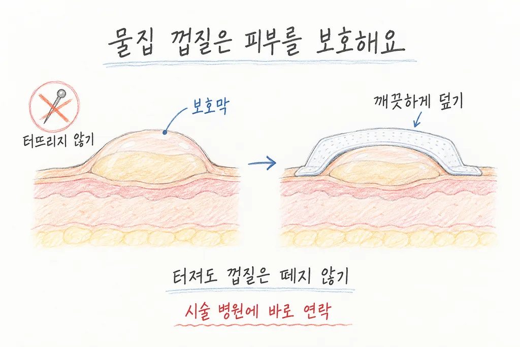물집 껍질을 보호막으로 표시하고, 물집을 터뜨리지 않은 채 깨끗한 드레싱으로 덮는 방법을 보여주는 그림.