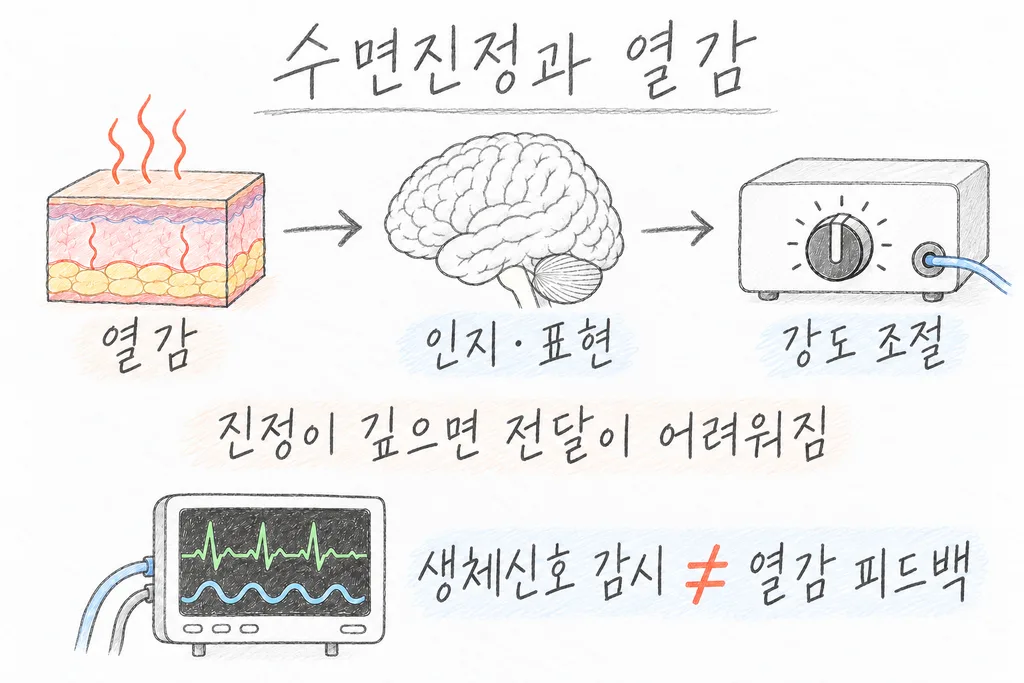 피부의 열감에서 인지·표현, 강도 조절로 이어지는 흐름을 그린 도해. 생체신호 감시가 열감 피드백과 같지 않음을 표시했다.