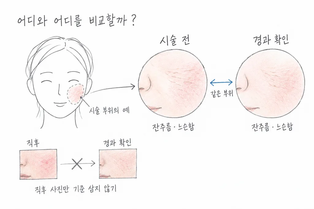 시술한 볼 부위를 표시하고 같은 부위의 시술 전 기록과 경과 모습을 연결한 도식