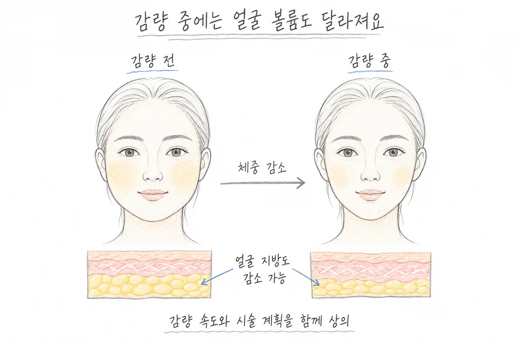 같은 여성의 감량 전과 감량 중 얼굴, 그 아래 피하지방이 줄어든 단면을 비교해 얼굴 볼륨 변화를 보여 주는 그림.