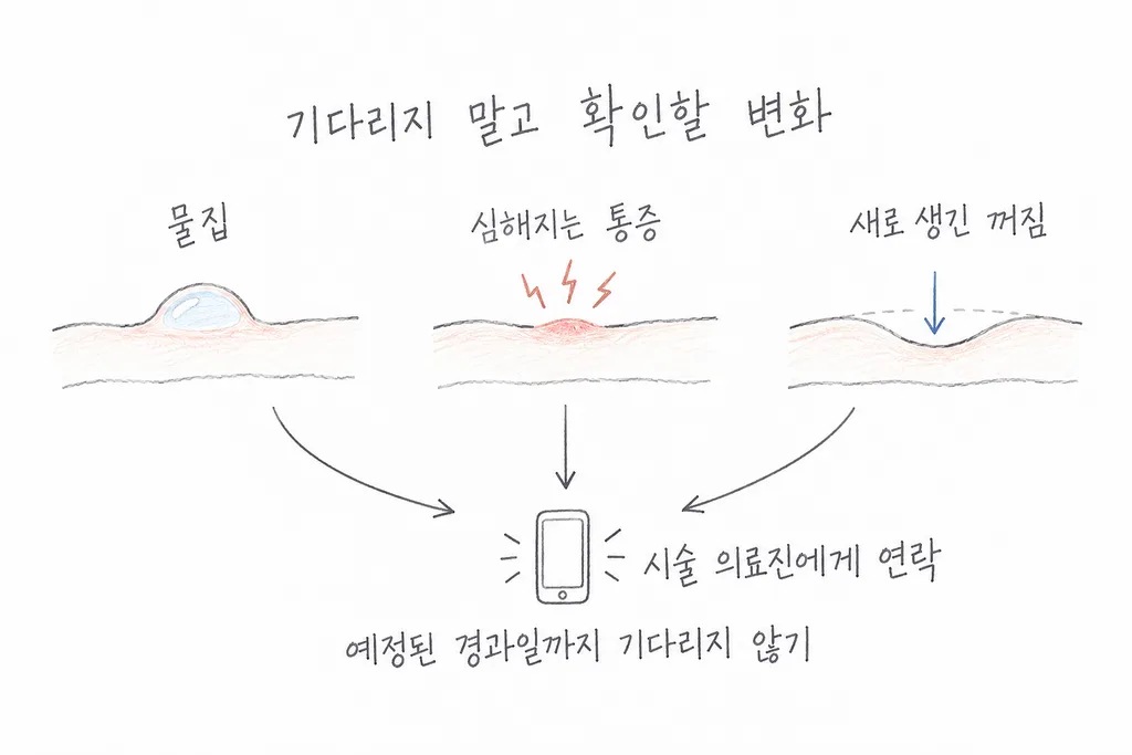 물집·심해지는 통증·새로 생긴 꺼짐에서 의료진 연락으로 이어지는 그림.