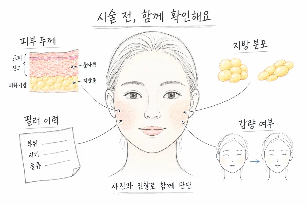 여성 얼굴 주변에 피부 두께, 지방 분포, 필러의 부위·시기·종류, 감량 여부를 확인하는 항목을 배치한 그림.