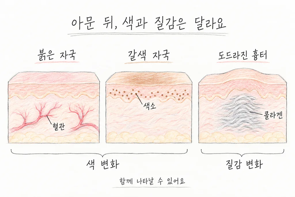 붉은 자국의 혈관, 갈색 자국의 색소, 도드라진 흉터의 콜라겐을 세 피부 단면으로 비교한 그림. 색 변화와 질감 변화는 함께 나타날 수 있다.