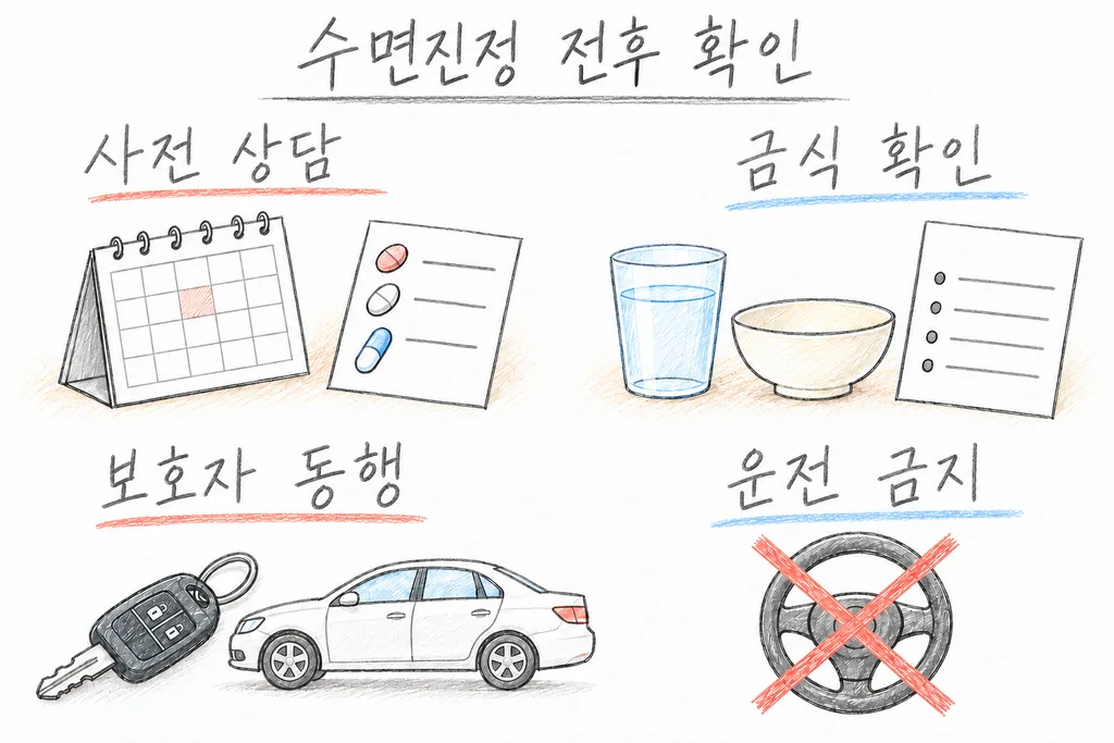 달력과 약 목록, 음식과 금식 안내, 차량과 열쇠, 금지 표시가 있는 운전대를 통해 사전 상담·금식 확인·보호자 동행·운전 금지를 설명한 그림.