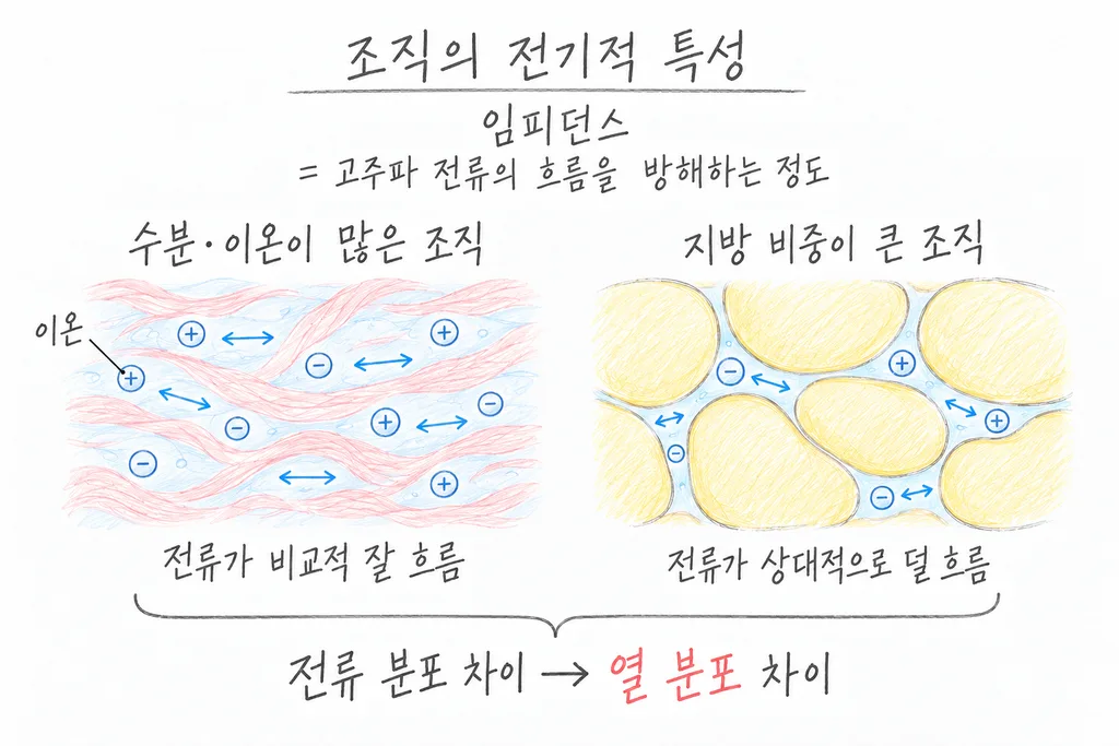 수분과 이온이 많은 조직에서는 전류가 비교적 잘 흐르고, 지방 비중이 큰 조직에서는 상대적으로 덜 흐르는 모습을 비교한 연필 도해. 전류 분포 차이가 열 분포 차이로 이어짐을 설명한다.