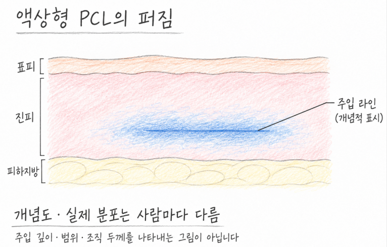 피부 단면 그림에서 진피층에 넣은 액상형 PCL이 주입 라인 주변으로 옅게 퍼져 나가는 모습을 단순화한 개념도