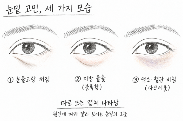 눈밑 고민을 눈물고랑 꺼짐, 지방 돌출로 인한 불룩함, 색소와 혈관 비침으로 인한 다크서클 세 가지로 나눠 그린 선화