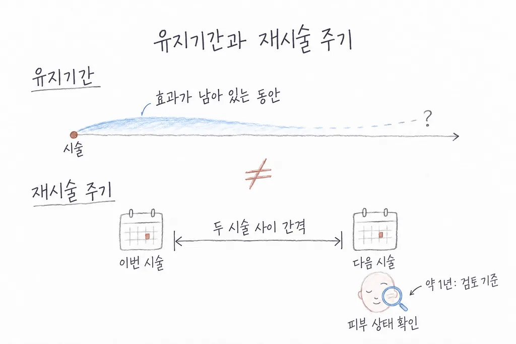 써마지 효과가 남는 기간과 두 시술 사이의 간격을 구분한 그림.
