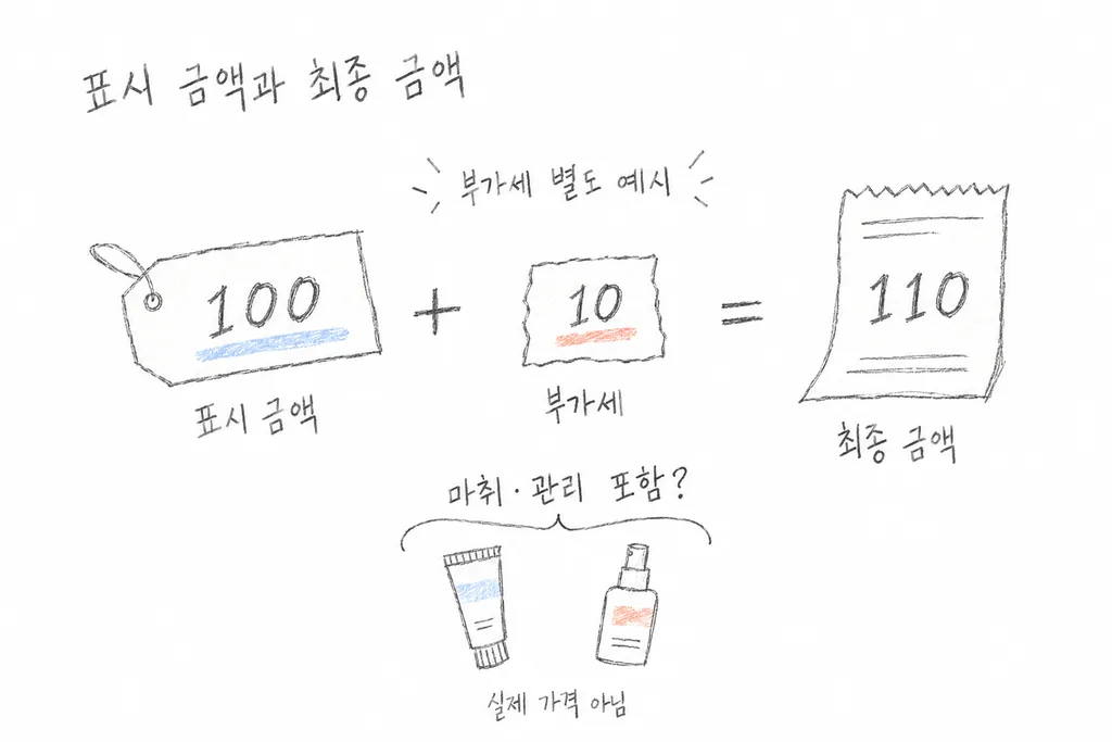 써마지 가격에 부가세 별도 표시 금액 100에 세금 10을 더해 최종 금액 110이 되는 가상 계산과 마취·관리 포함 여부를 묻는 그림.