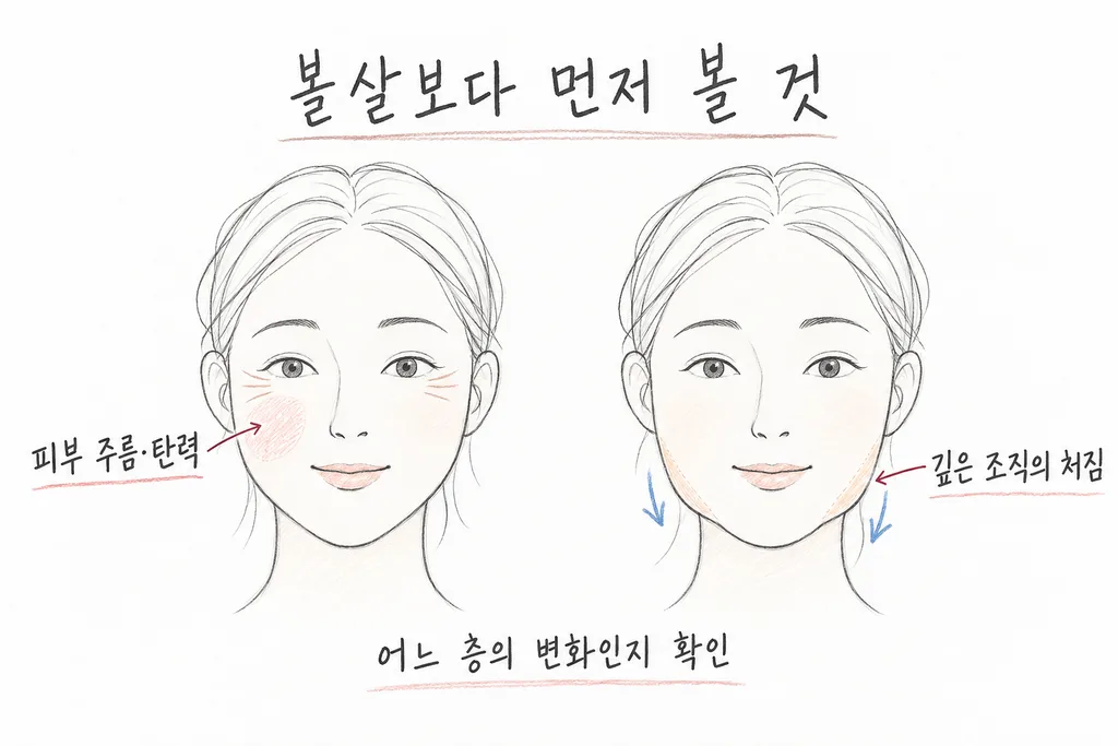 같은 볼륨의 두 얼굴에서 피부의 잔주름과 탄력 저하, 깊은 조직의 처짐과 턱선 변화를 나누어 표시한 도해.
